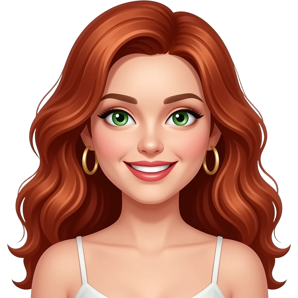 jeune femme rousse, yeux verts, cheveux très longs ondulés, grand sourire charmeur, maquillage, botox, camisole, anneaux dorés aux oreilles emoji