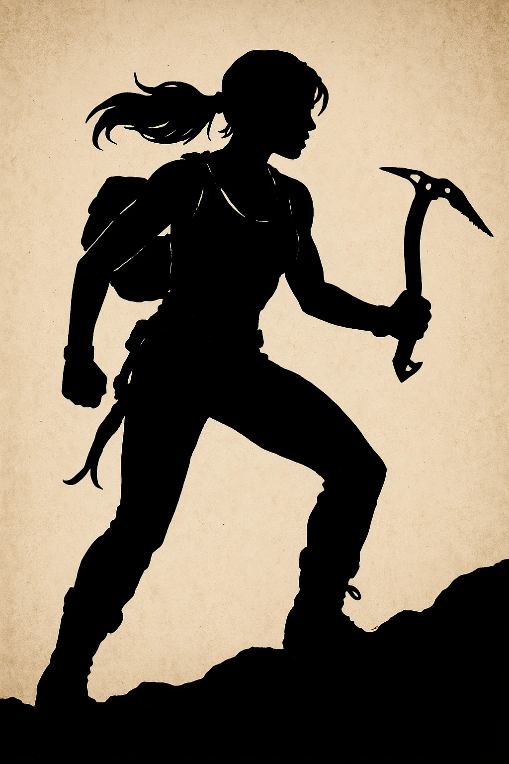 Lara Croft silhouette with backpack and climbing axe, Tomb Raider theme, bold and adventurous, no text emoji