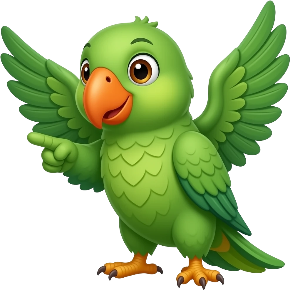 pose a green parrot with orange beak pointing at something with its wings emoji