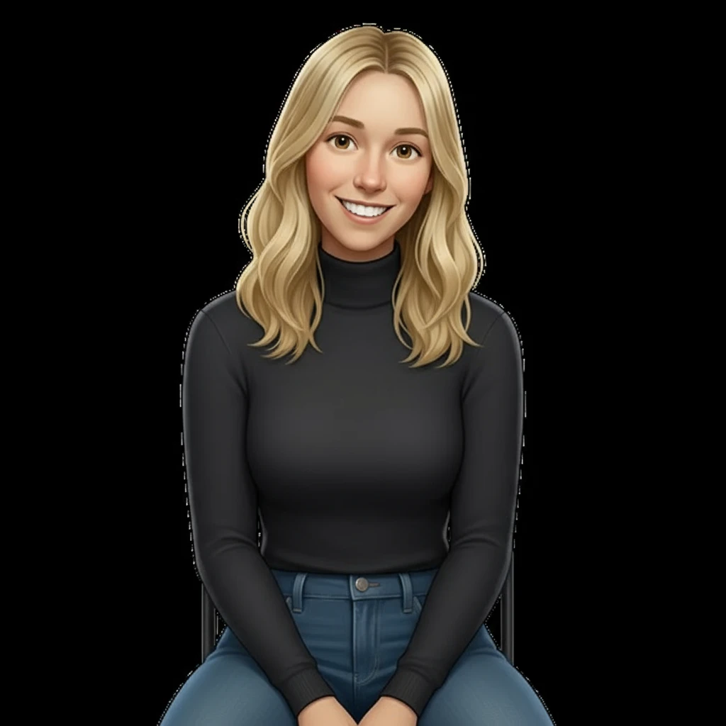 нарисуй эту девушку с точно таким же лицом и прической строго фас она сидит в водолазке и джинсах, без шапки, без фона  emoji