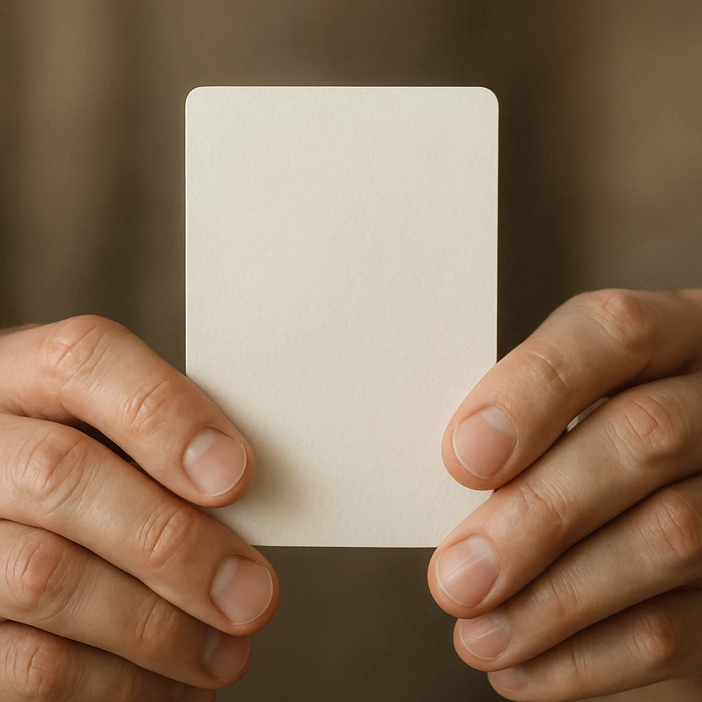two hands gently presenting a card, thumbs on the front, fingers behind, focus on the card emoji