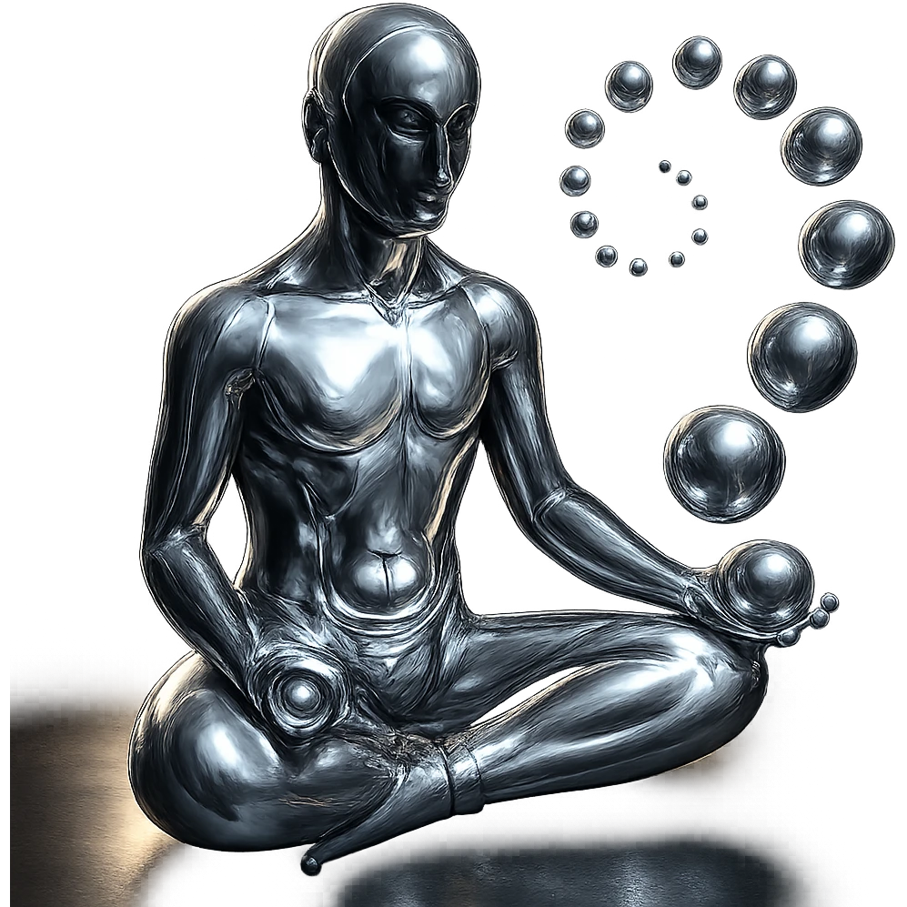 Add a glowing aura around the reflective chrome silhouette of the meditating person and the spiral of spheres, keep the style highly metallic, no background. emoji