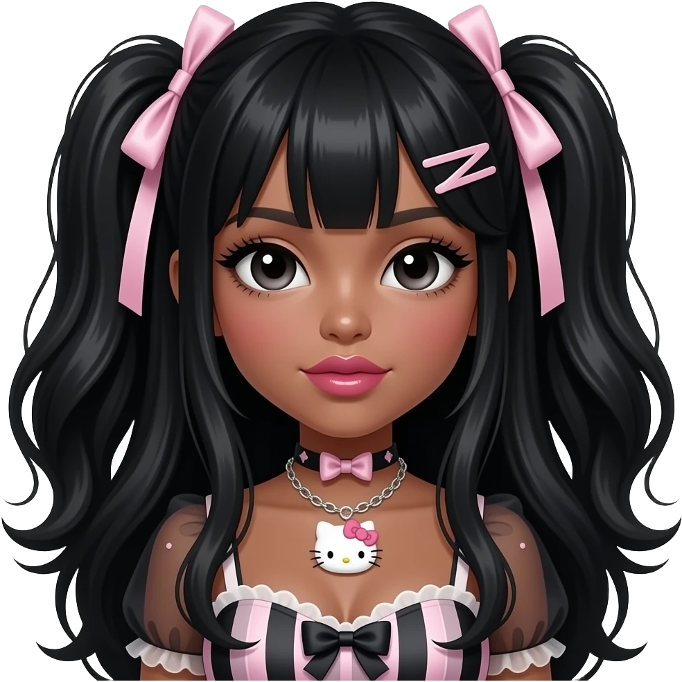 heart shaped lips, cute glossy lips, doll eyes with long lashes, dark brown skin, black hair, big chest, hello kitty necklace, one bow clip, bimbocore outfit emoji