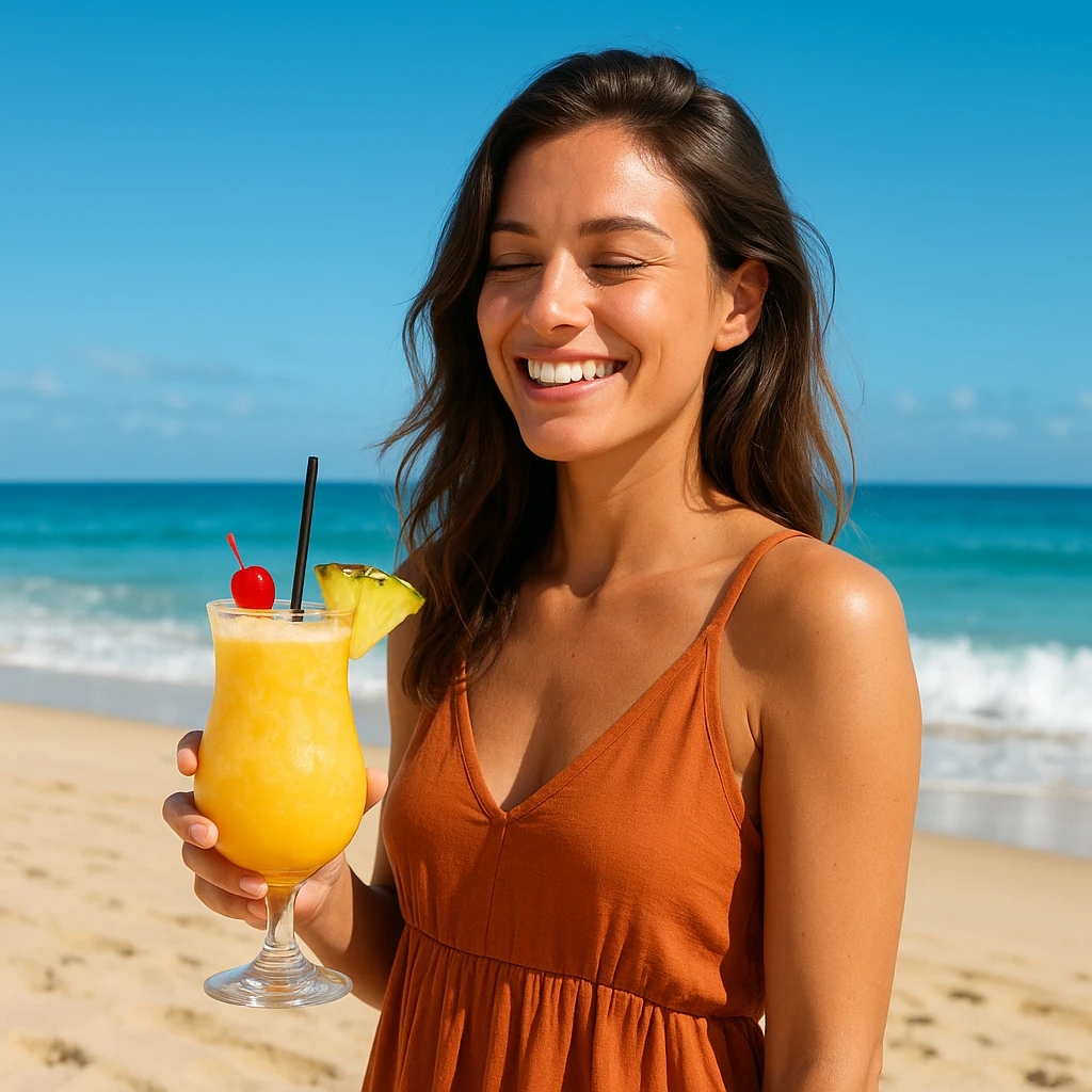 take this picture of a woman and make it  beach photo with drink emoji