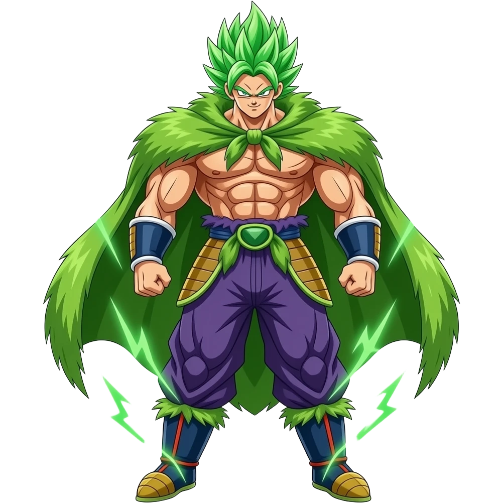Un broly super poderoso y musculoso con capa peluda y verde con cuerpo entero y el pelo de un verde florescente y rayos verdes al alrededor emoji
