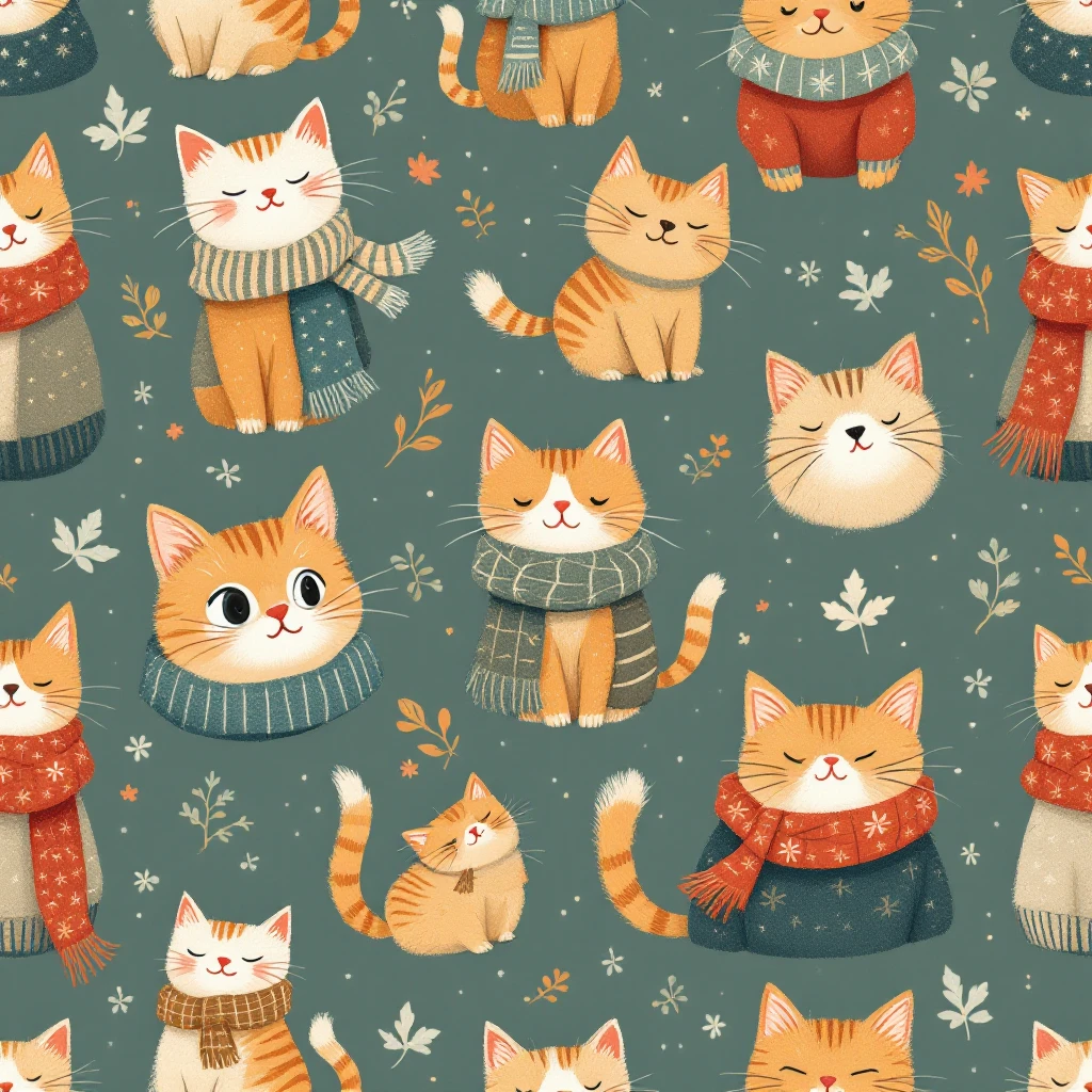cute cats in scarves and sweaters, seamless pattern, autumn colors, warm and cozy vibe, playful cartoon style emoji