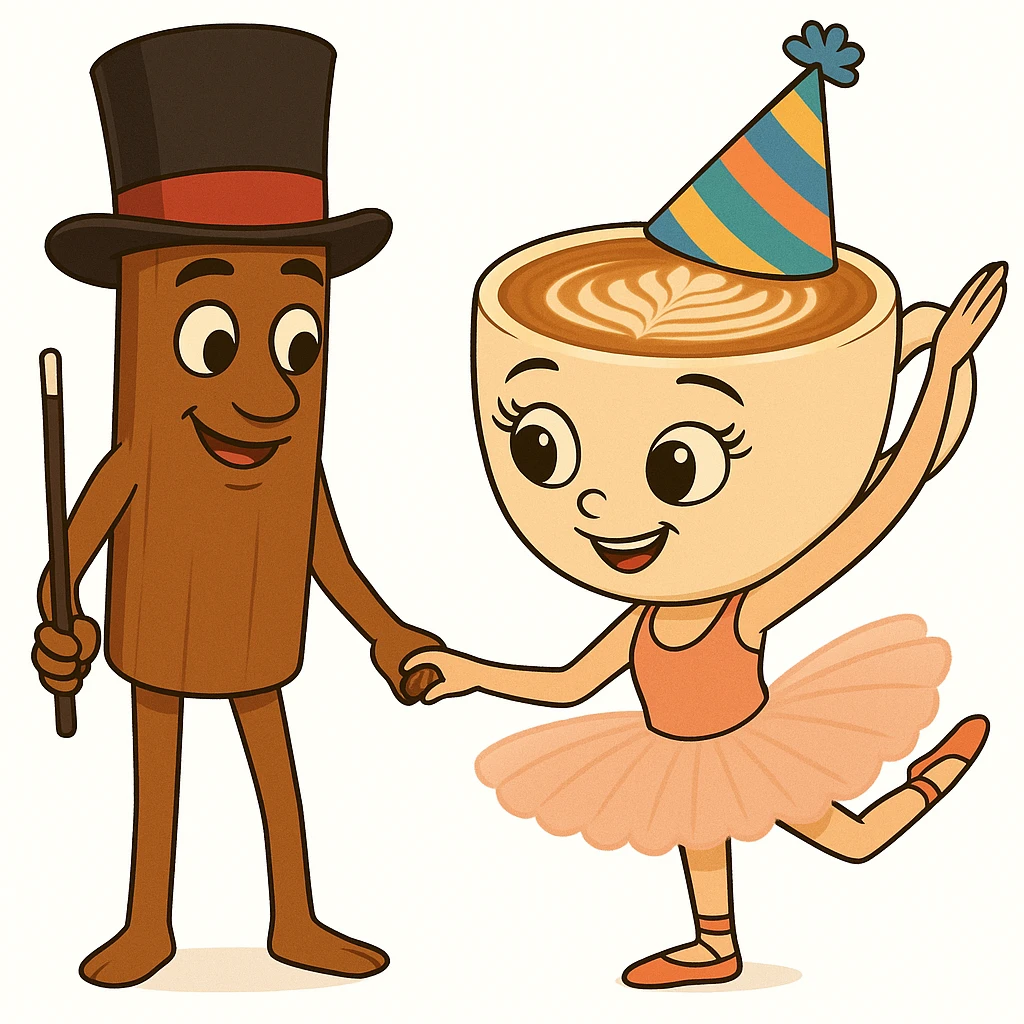 Add a party hat to the coffee cup character and a magician's hat to the cinnamon stick character in the same quality and style as the original image. emoji