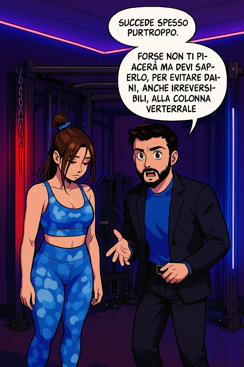fai questa immagine in versione fumetto/manga/webtoon a colori, il manga mostra l'uomo che risponde alla donne:
Succede spesso purtroppo. 
Forse non ti piacerà ma devi saperlo, per evitare danni, anche irreversibili, alla colonna vertebrale e un potenziale intervento chirurgico. emoji