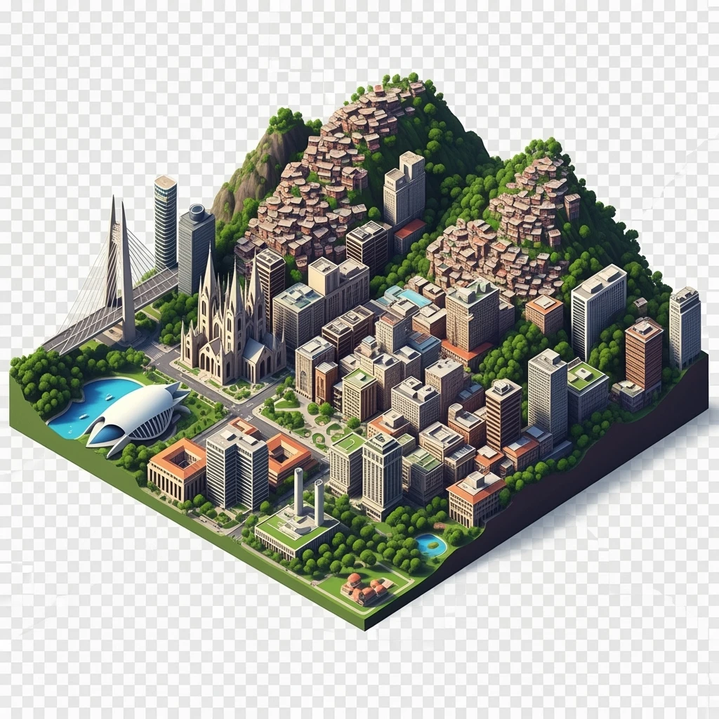 Isometric miniature of São Paulo Catedral da Sé, MASP, Octávio Frias Bridge, and Altino Arantes building, favelas on hillsides, dense chaotic urban blocks, and green parks 3D miniature effect and Tilt Shift effect, no cartoonish look, transparent background. emoji