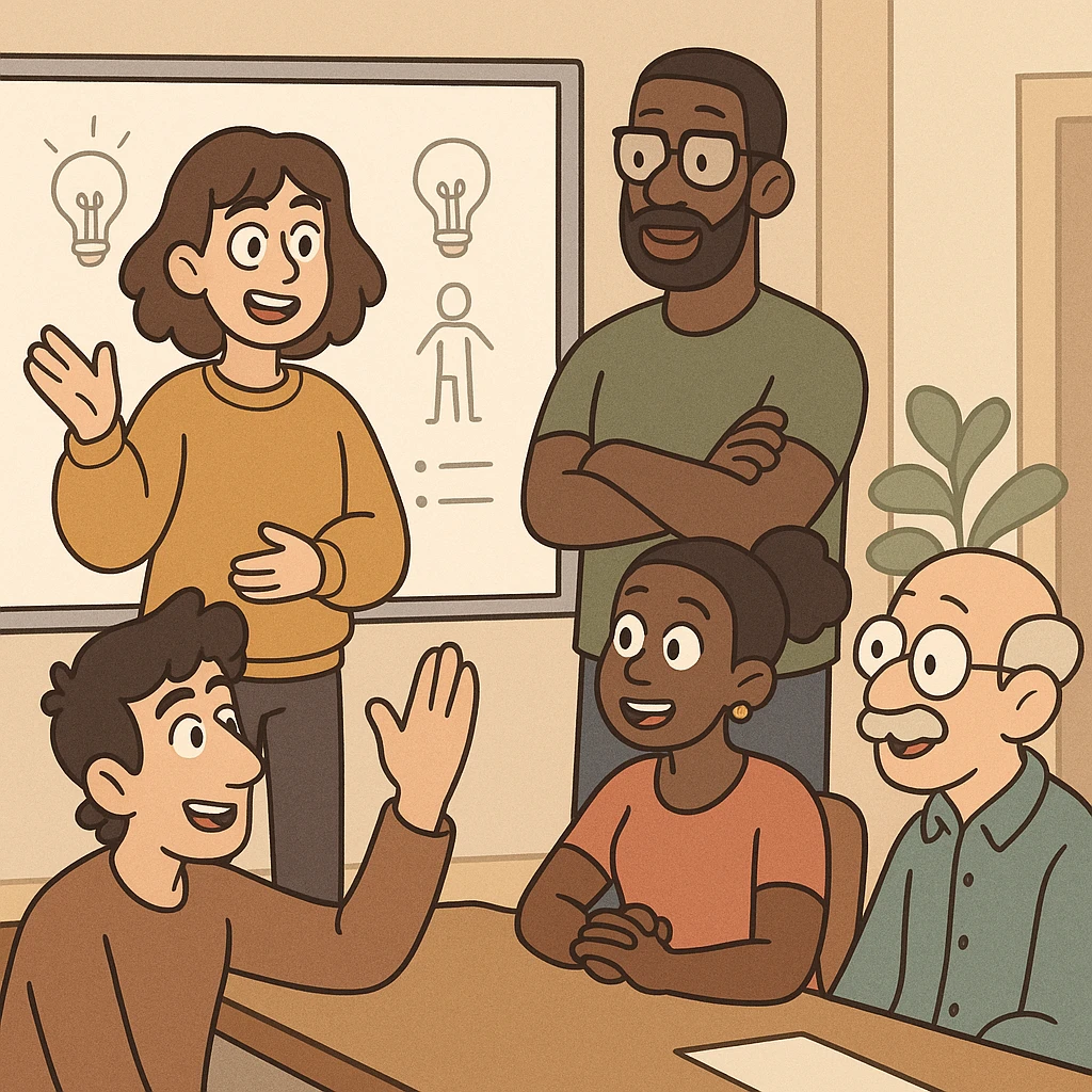 a cartoon-style workshop scene with diverse people and a whiteboard at the front emoji