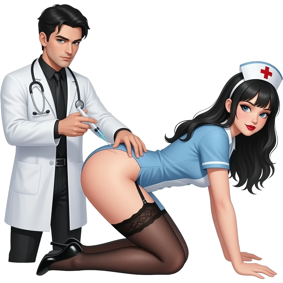 Sexy  gothic male doctor injecting a sexy gothic female nurse bent over with syringe in her bum cheek emoji