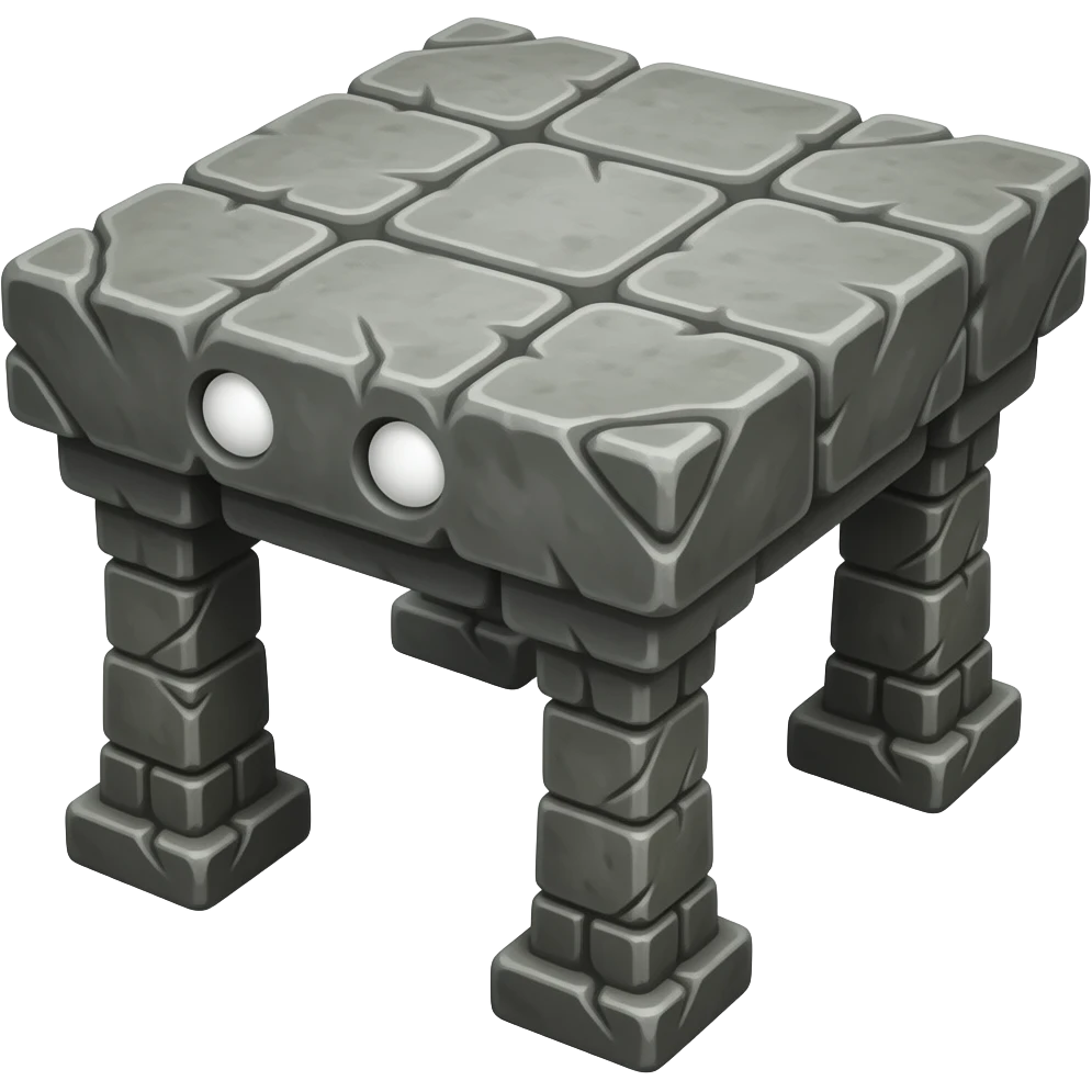 A platform with carved out eyes with white eyes and the platform is made of stone and also with legs with no arms emoji