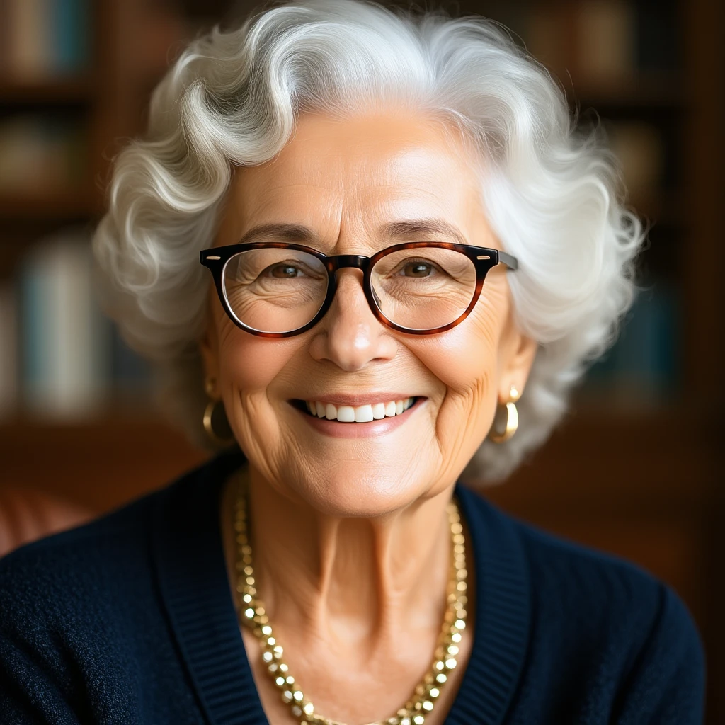 senior woman with glasses, curly hair, warm smile emoji