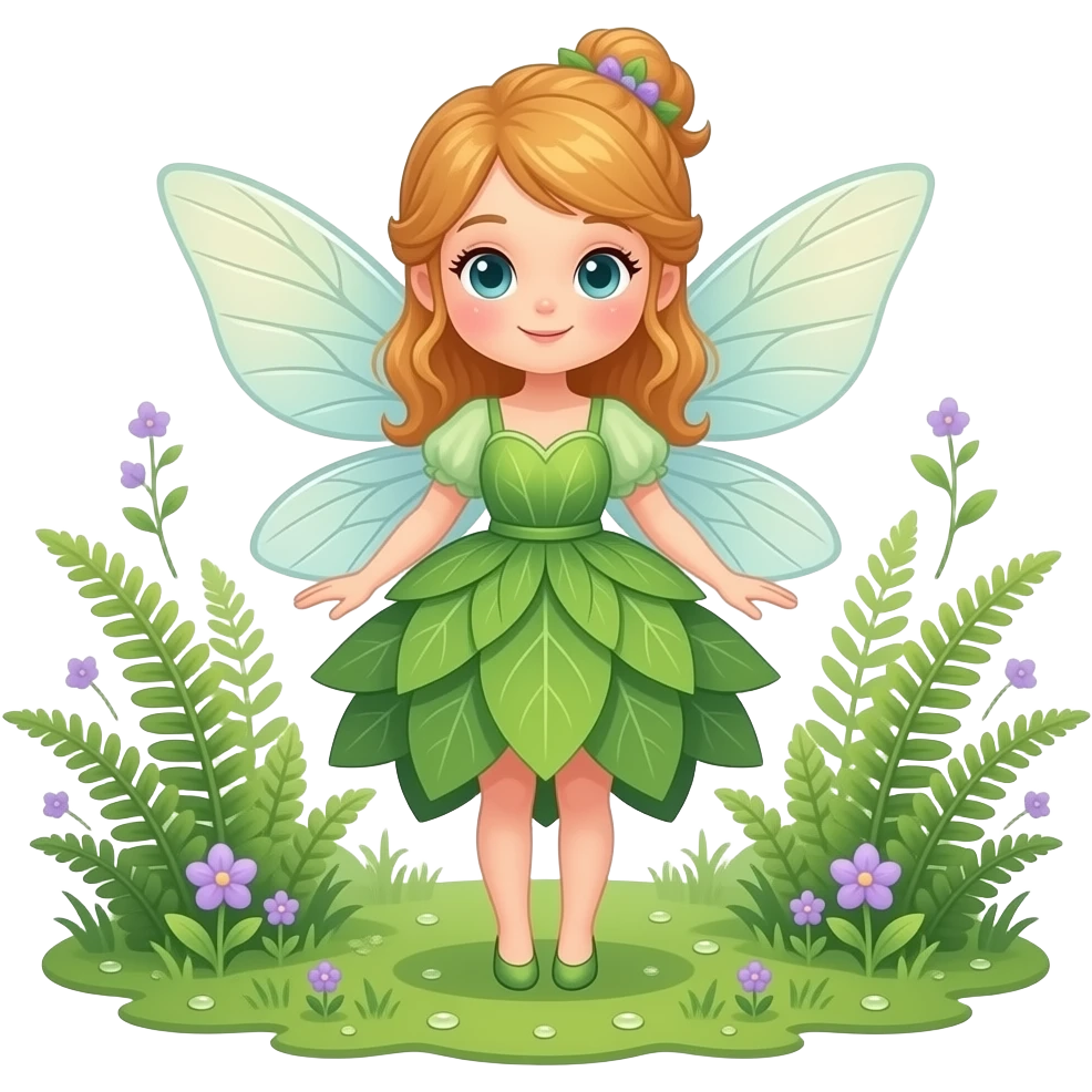 A cute elegant garden fairy in a soft green and warm orange color palette, with delicate translucent wings, a flowing leaf-and-petal dress, rosy cheeks, and tiny lilac accents. emoji