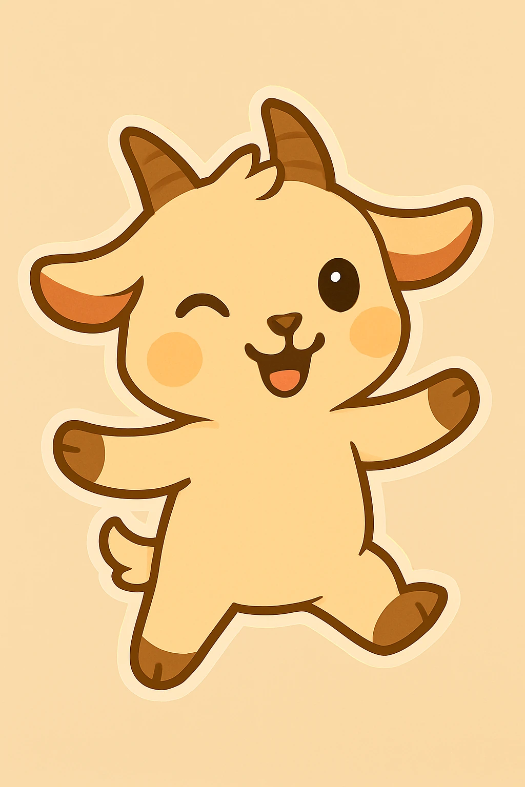 Chibi goat, winking and dancing, both feet on ground, arms out to sides, joyful expression, animation frame 3, same style and background as reference. emoji