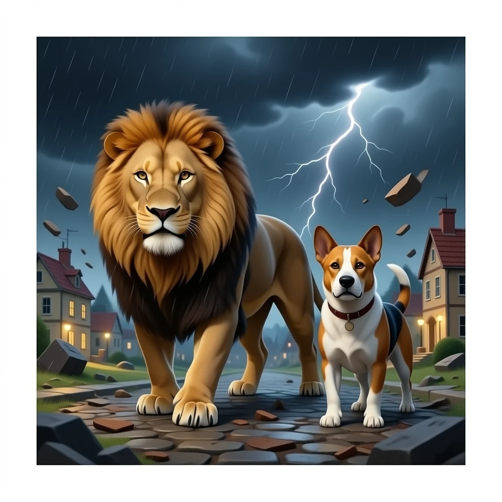 quiero que en un pueblo un leon y un perro esten destrozando el pueblo  pero que no esten las personas pero que esten destrozandolo entero mas realista y mas brusco e ujn pequeño pueblo emoji