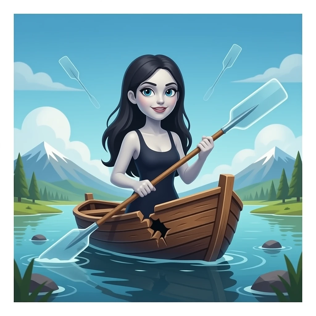 cinematic surrealistic - a broken boat with a terrifying female apparition around which flutters transparent larger oars emoji