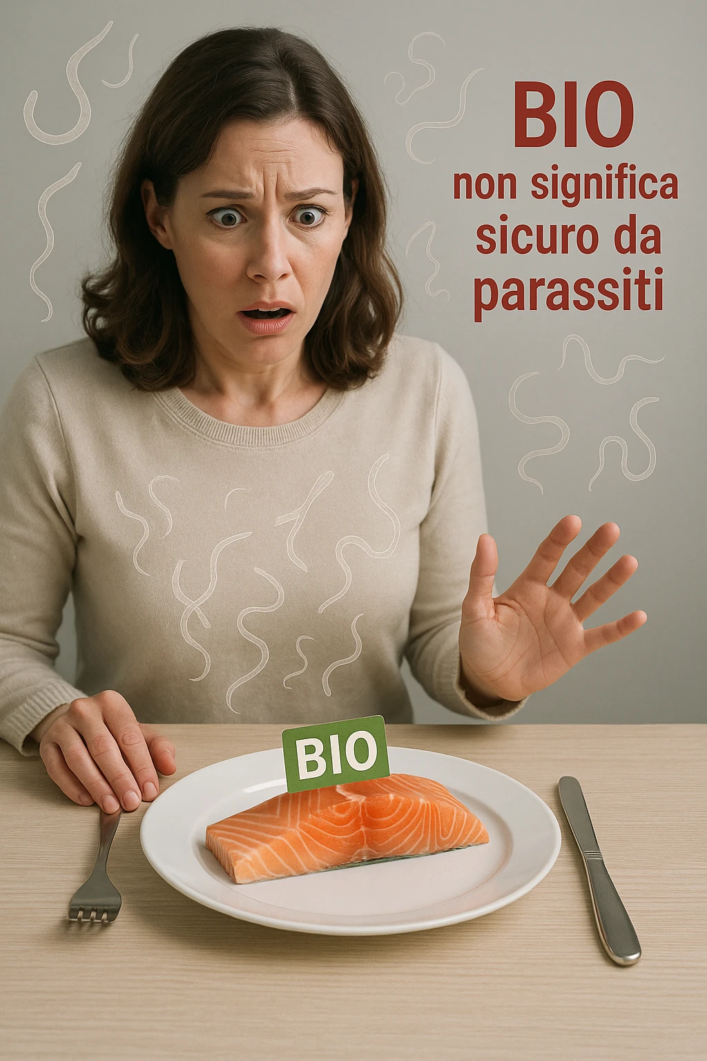 Donna tra i 30 e i 40 anni, seduta a tavola con espressione sorpresa e preoccupata mentre guarda un piatto elegante di salmone crudo etichettato 'BIO'. In trasparenza sopra il salmone si vedono parassiti intestinali stilizzati, come larve o vermi sottili, fluttuanti nell’aria. Accanto al piatto, una scritta fluttuante in stile etichetta rossa avverte: 'BIO non significa sicuro da parassiti'. Atmosfera visivamente pulita ma con tensione sottile, colori realistici con accento sul contrasto tra immagine 'salutare' e minaccia invisibile emoji