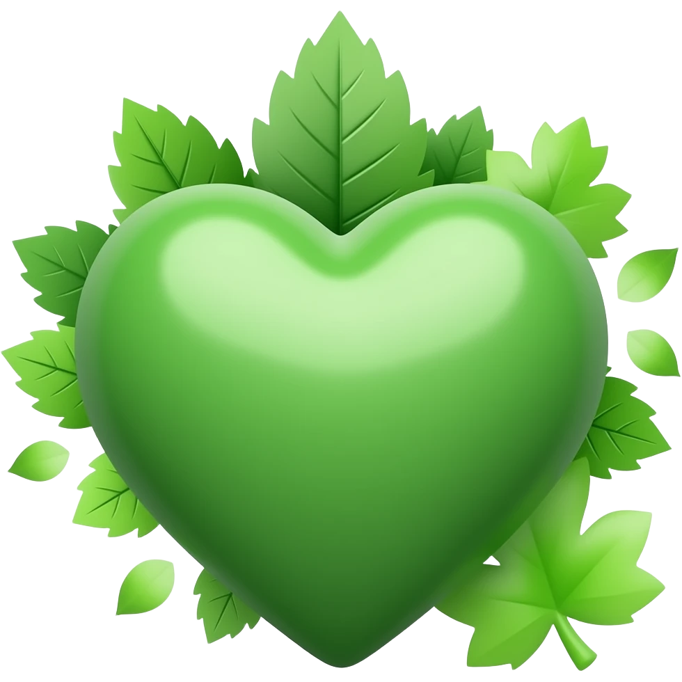 3D green heart surrounded with leaves (The Green Party style leaves), Hex Code colour: 00643b. Add a paler green reflection to the corner of the heart. Make it show success, hope, love, and unity emoji