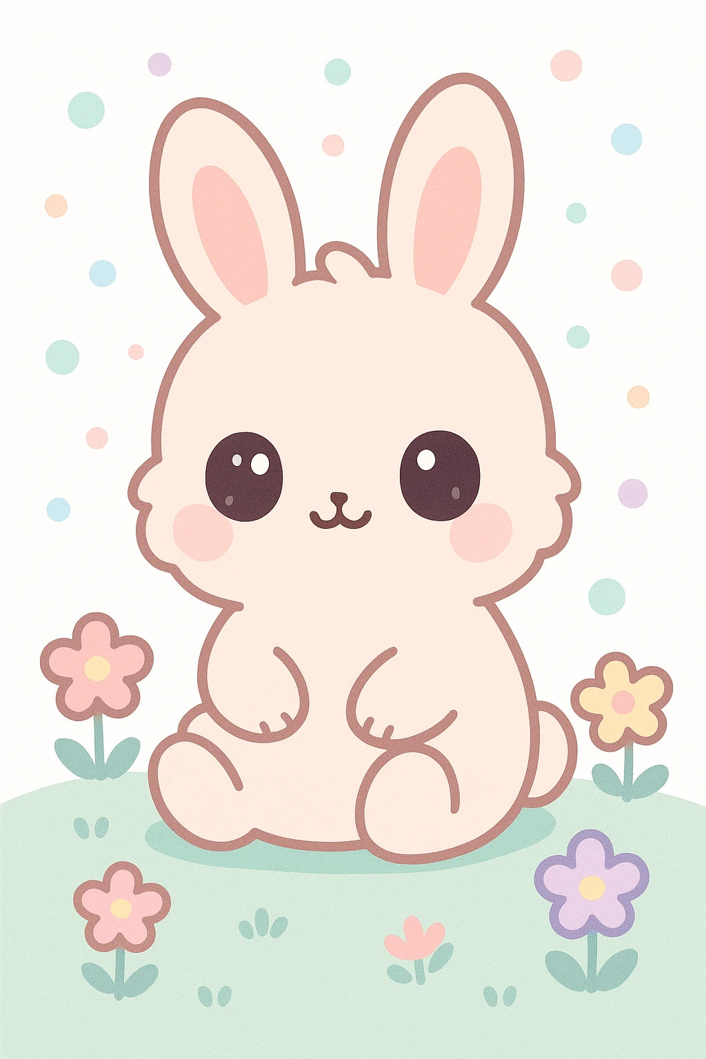 cute fluffy chibi bunny with big round eyes, soft fur, pink cheeks, sitting on a grassy field with flowers, pastel palette, springtime setting, digital art, kawaii cartoon, 4k resolution emoji
