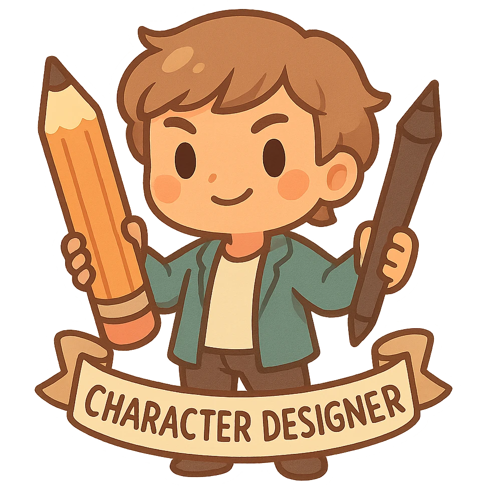 playful gender-neutral character representing a professional character designer holding art tools like pencil or stylus confident creative vibe emoji