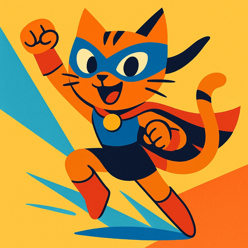 cat superhero girl, dynamic pose, mask and cape, energetic expression, vibrant colors emoji