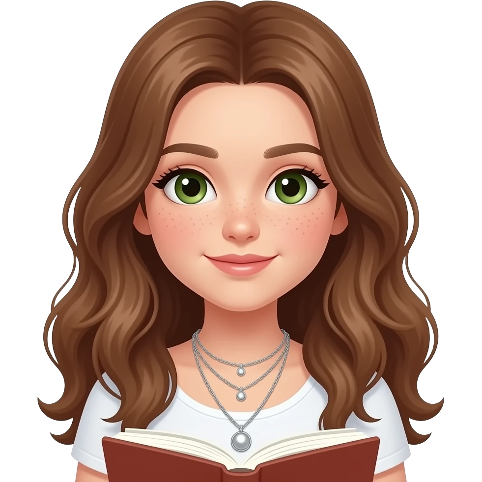 CUTE PRETTY FACE PALE GIRL PREPPY WITH not volominous WITH WAVEY LONG BROWN HAIR, FRECKLES AND GREEN EYES IN CUTE WHITE TOP WITH SILVER NECKLES, STUDY GIRL VERY PRETTY FACE emoji