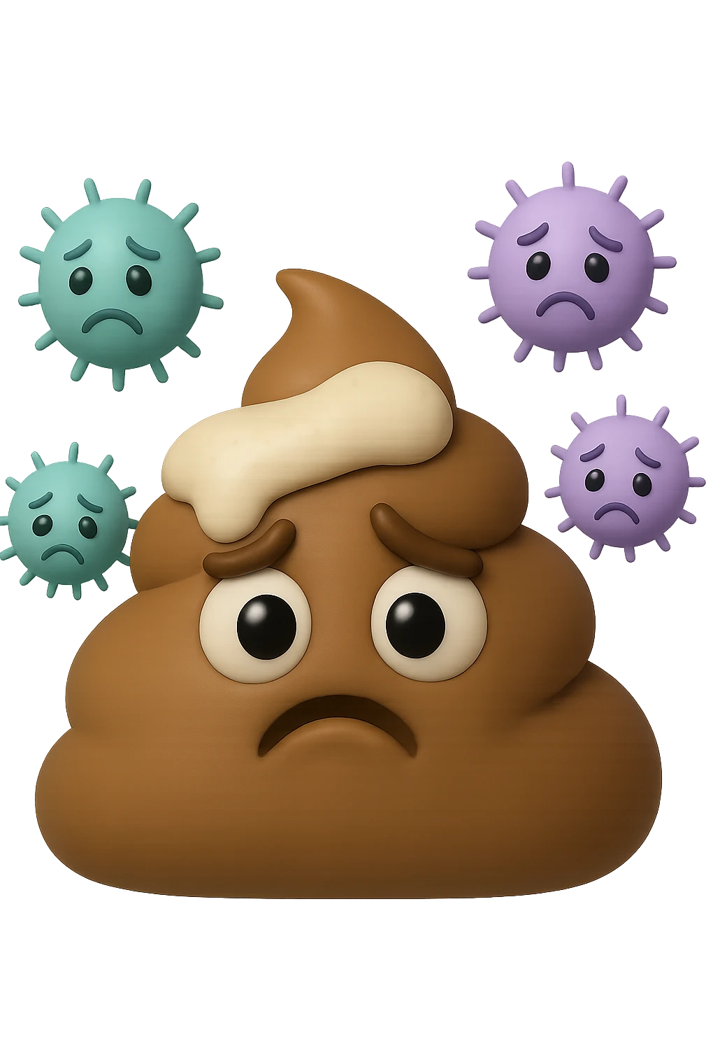 emoji stile iphone 3d di una cacca con muco bianco sopra, dietro cui fluttuano batteri intestinali tristi, iperrealistiche 4k emoji