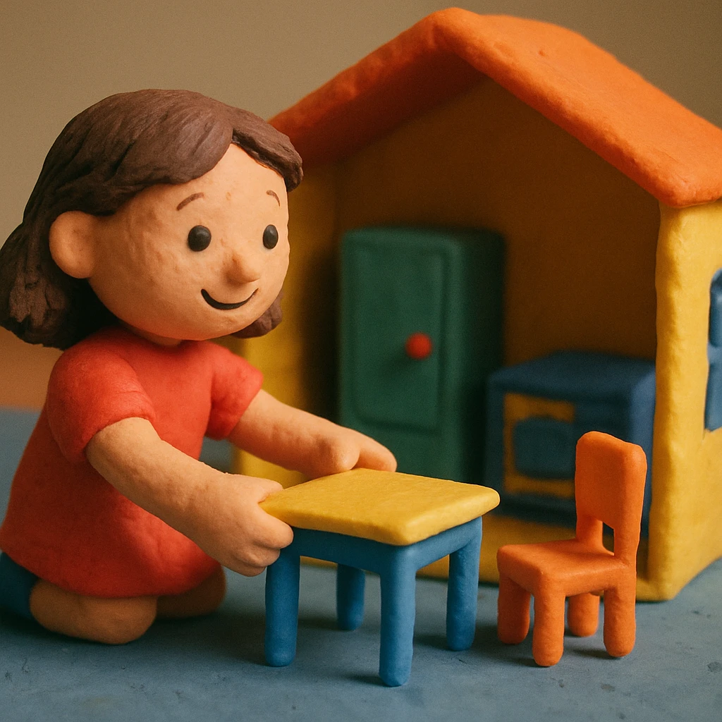 smiling girl arranging furniture in doll house emoji