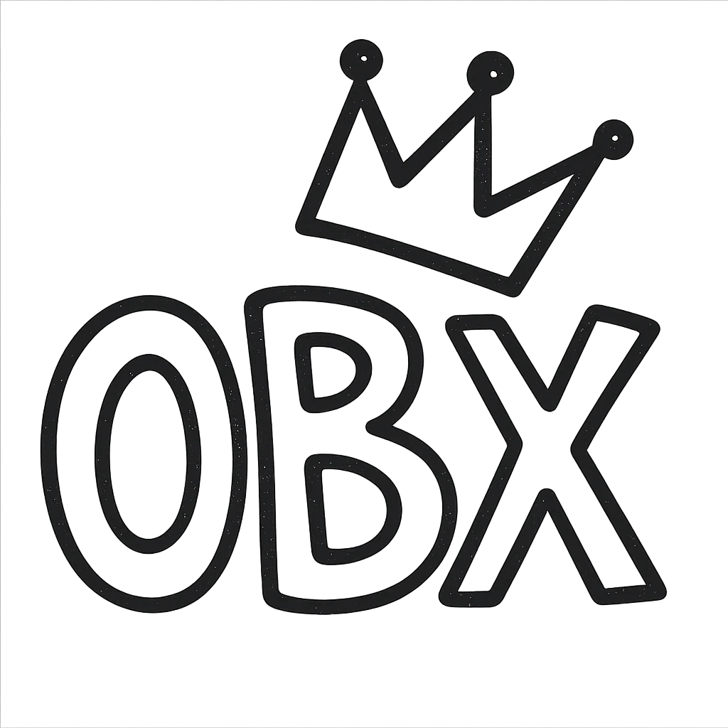 hand-drawn outlined style OBX letters with a tilted crown on top emoji