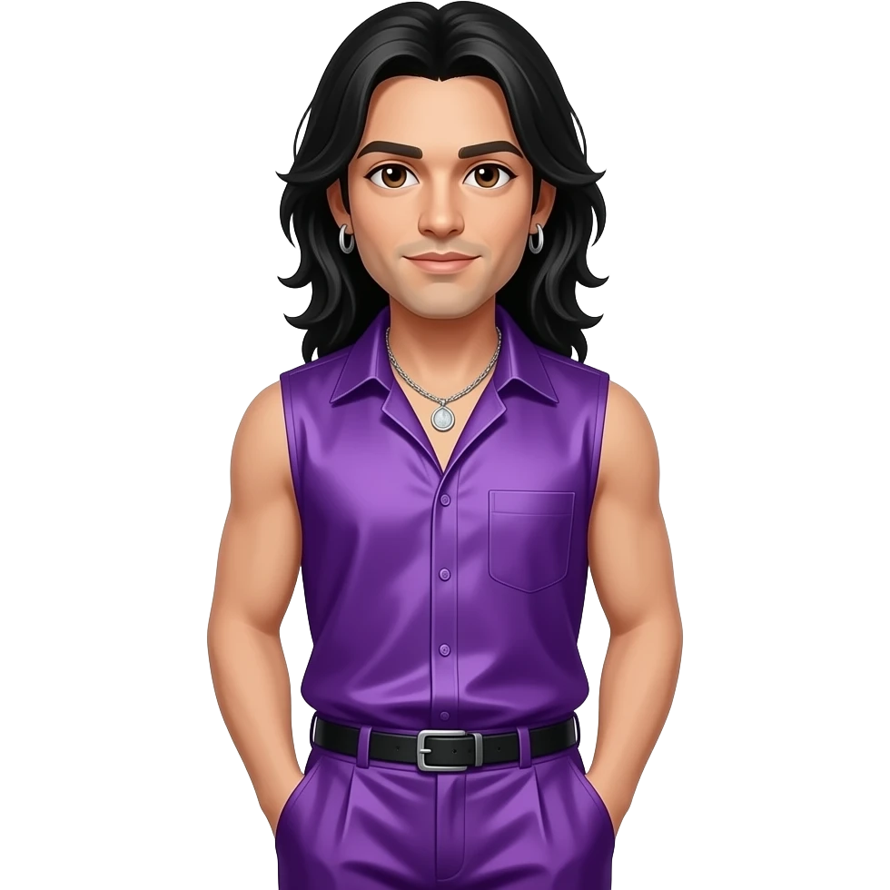 Jonathan Davis with brown eyes, long black hair, purple silk sleeveless shirt, purple silk baggy pants, necklace and earrings emoji