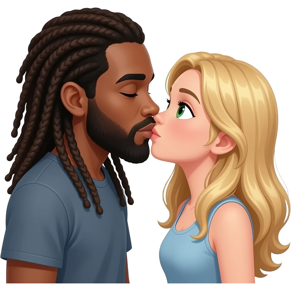 black guy with long dreads and beard only kissing girl with long blond hair and green eyes emoji