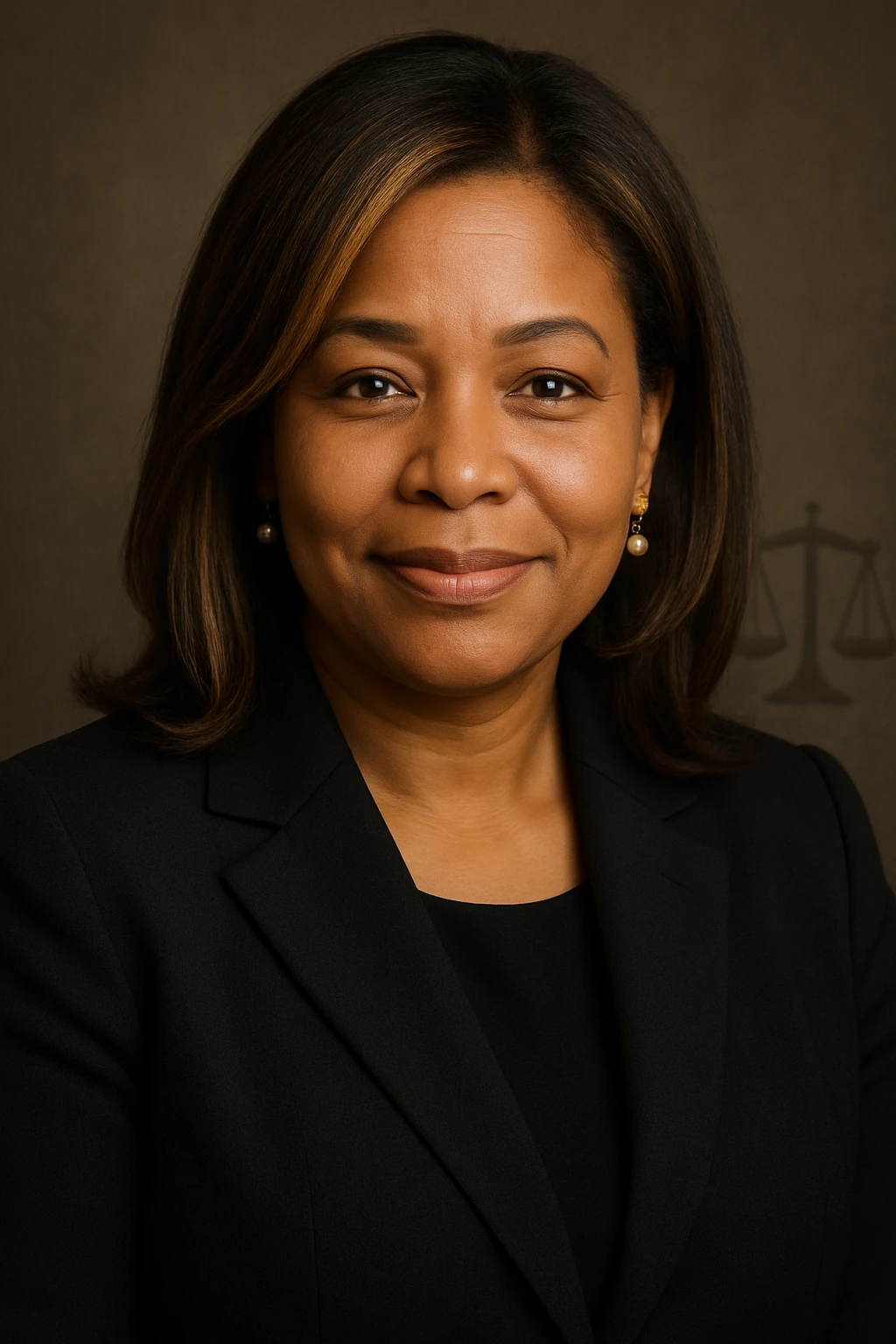 Black woman with blonde highlights and brunette hair, formal dark attire, expression of authority and warmth, light smile, confident gaze. Subtle justice symbol in the background. Maternal touch: delicate earrings or small pendant. emoji