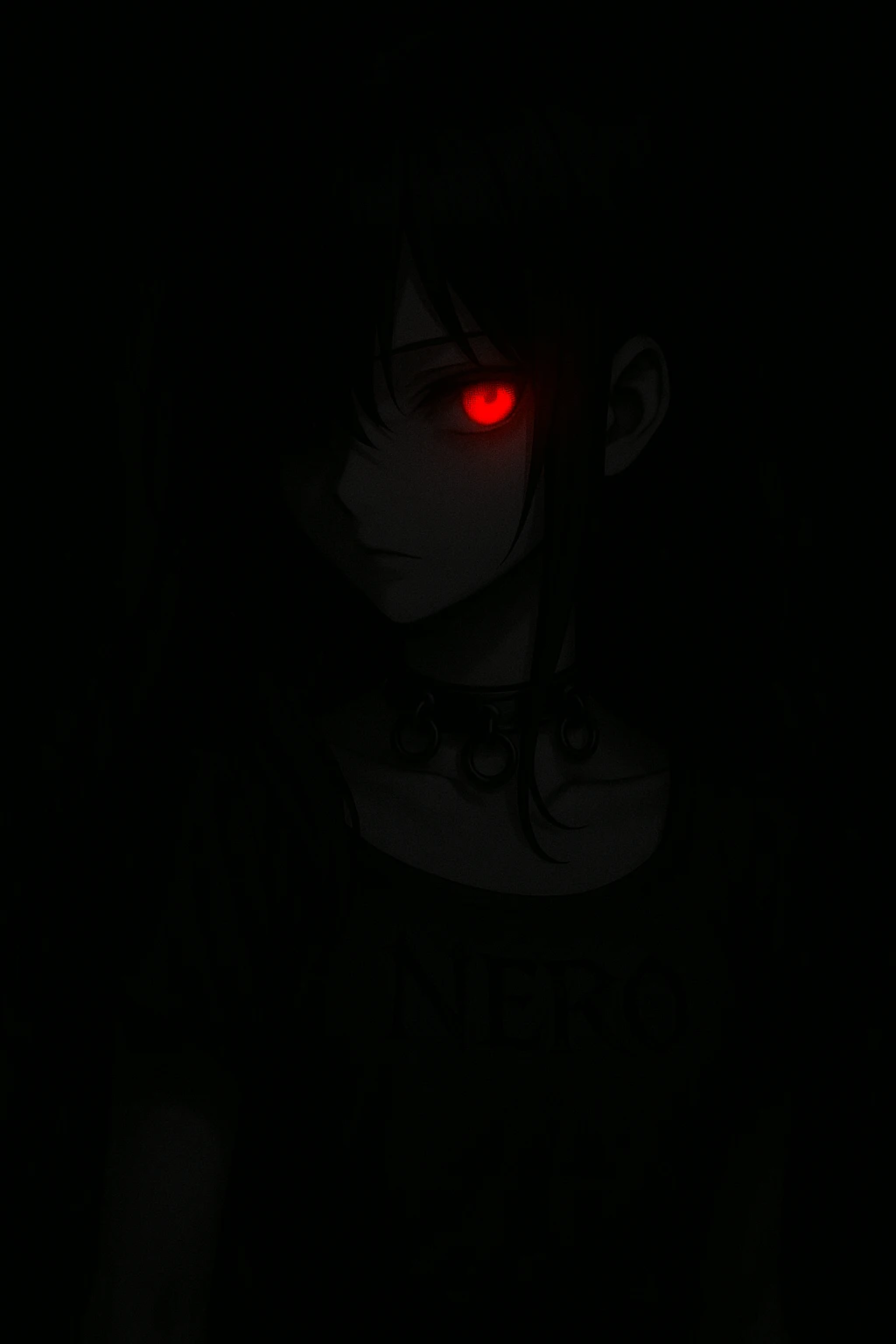A mysterious anime girl in pitch-black darkness, with jet-black hair softly falling over her face as she turns slightly to her right. Her left eye glows with an intense crimson light, radiating menace and allure. She wears a dark leather necklace with metal rings, and her dress features the word 'NERO' engraved in sharp black script, enhancing her enigmatic presence. emoji