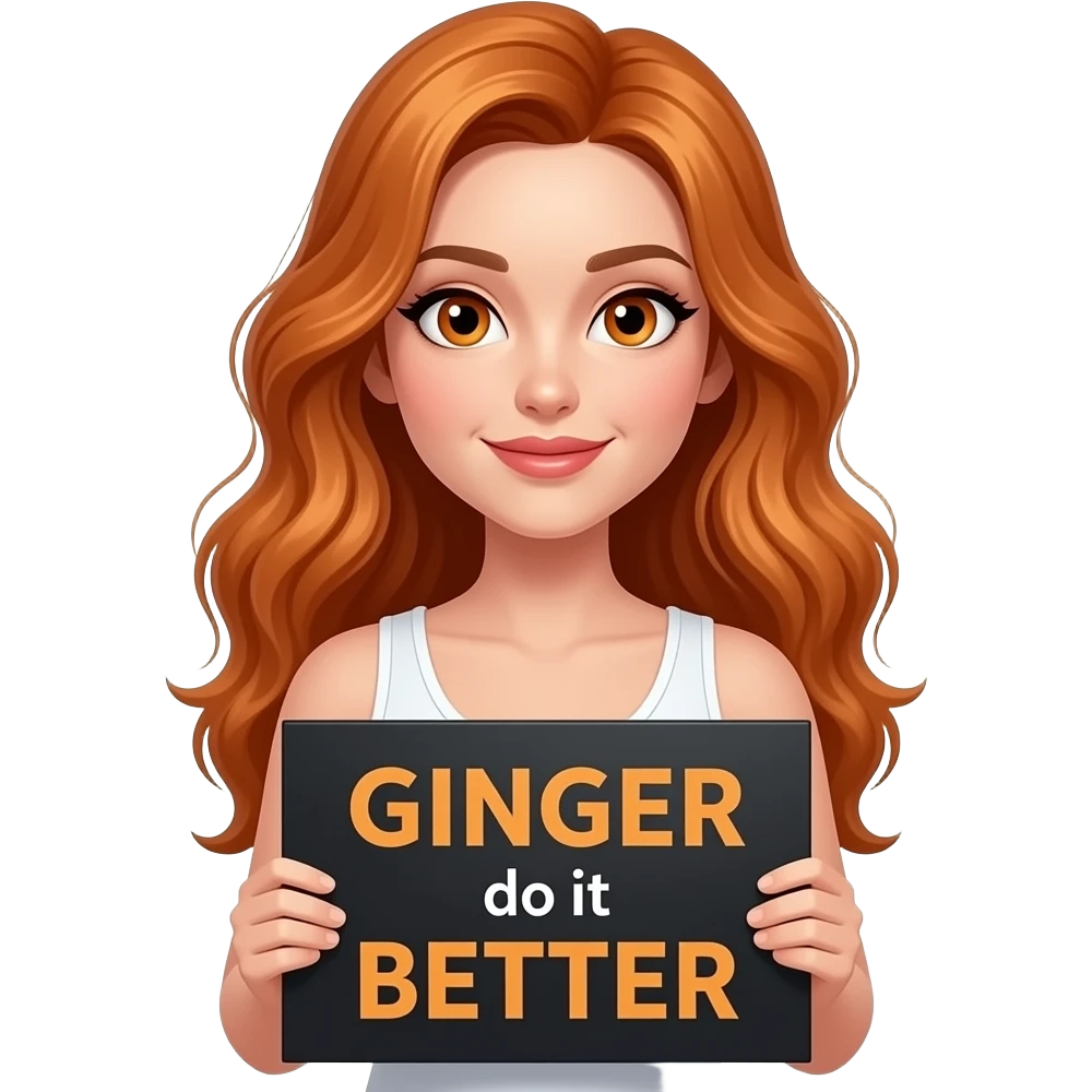 sexy girl with long wavy ginger hair and ginger eyes wearing a white tanktop is holding a black colored sign with GINGER do it BETTER written on it emoji