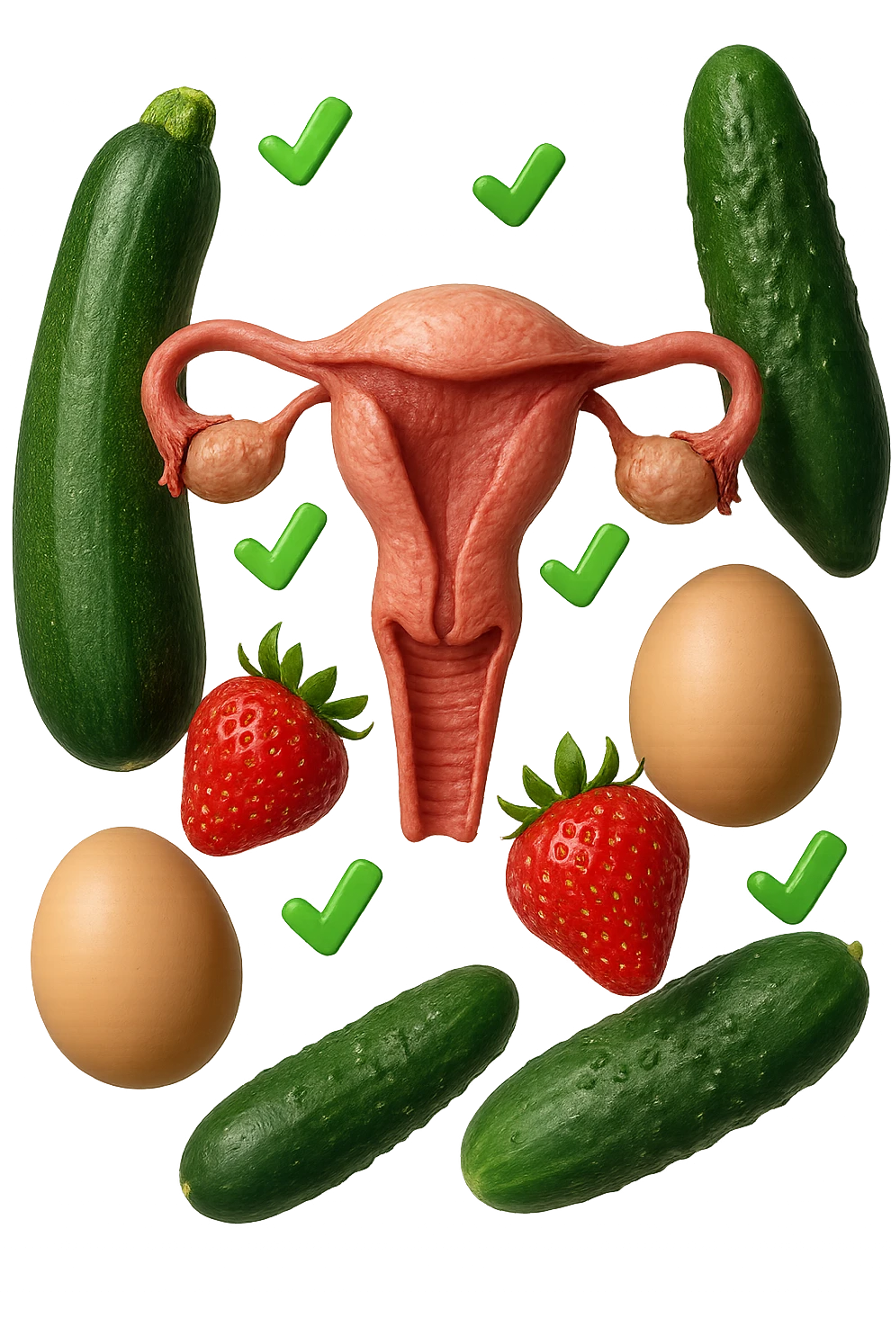 zucchine, cetrioli, fragole, uova fluttuano insieme ad un utero umano realistico anatomico e a piccole spunte verdi di "verificato" 3d, IPERREALISTICO 4K emoji