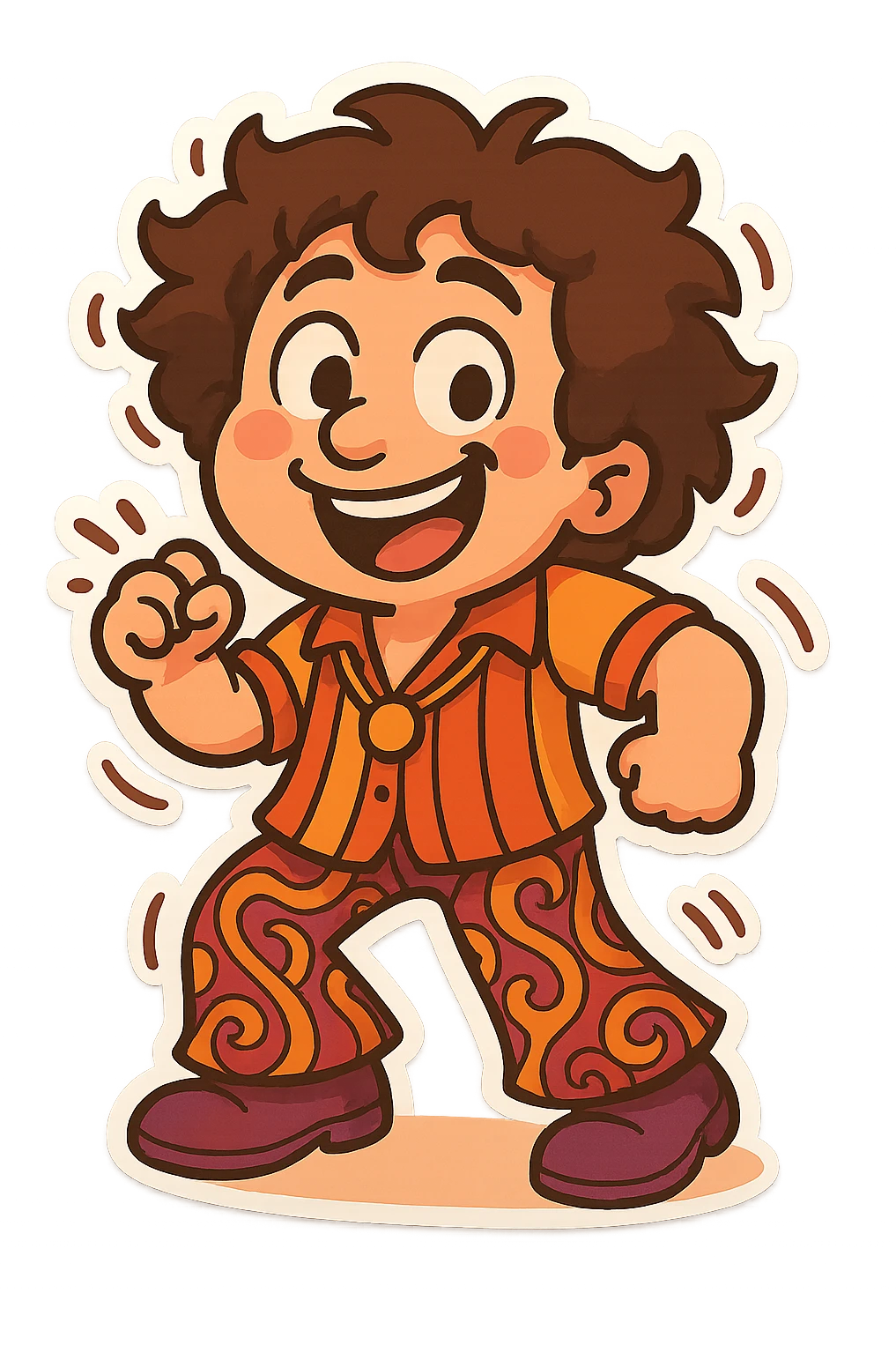 Make Shimmy Jimmy jiggle side to side, as if dancing, keep cartoon style and energetic expression, lively movement emphasized in chibi stickers style. emoji