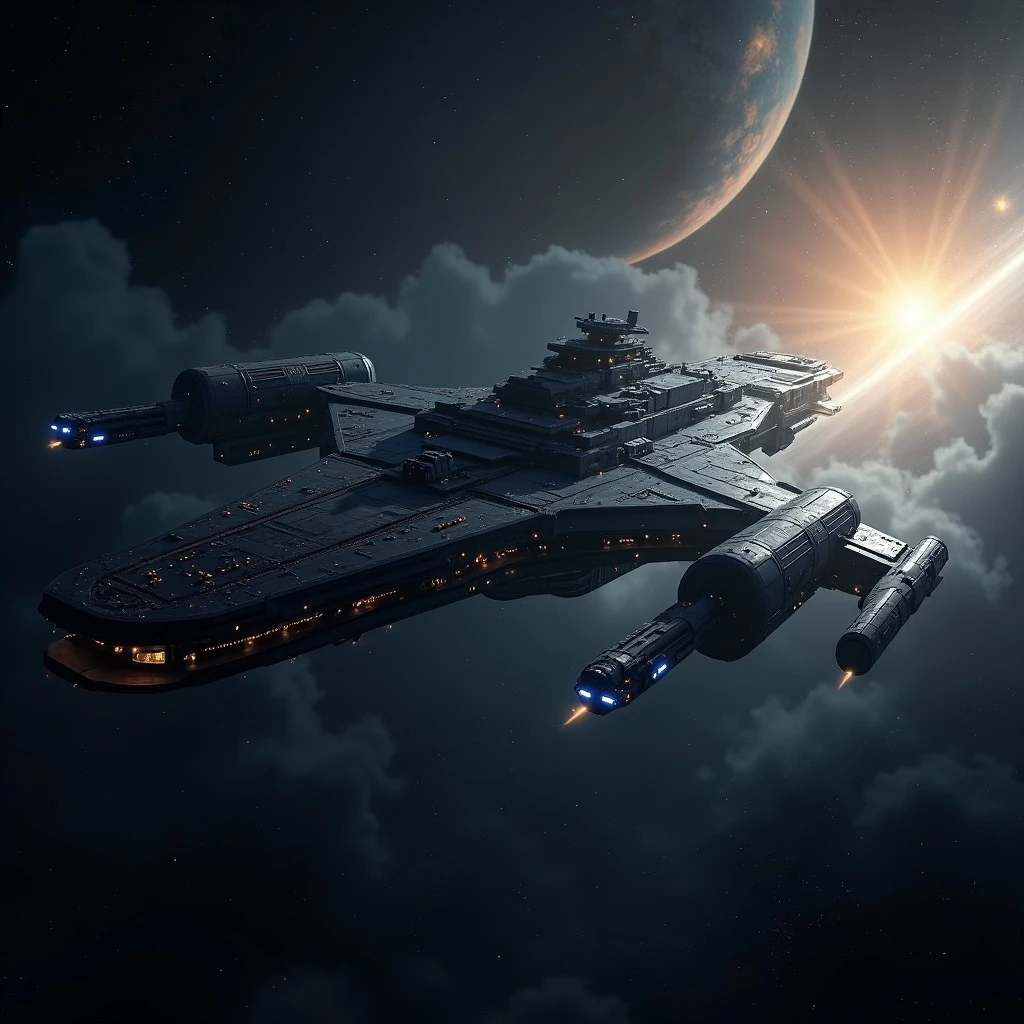 a massive space supercarrier cruiser, cinematic, planetfall, deep in space, sci-fi emoji