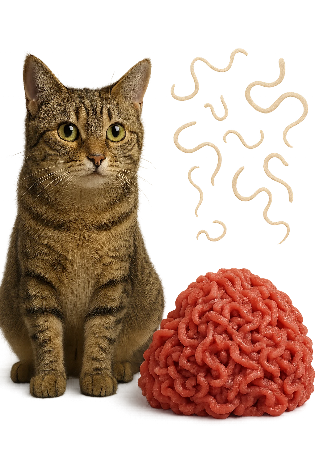 gatto stupendo e macinato di carne poco cotta a montagnetta stanno l'uno accanto all'altro con dei parassiti come la tenia che gli fluttuano intorno, iperrealistica 4k emoji