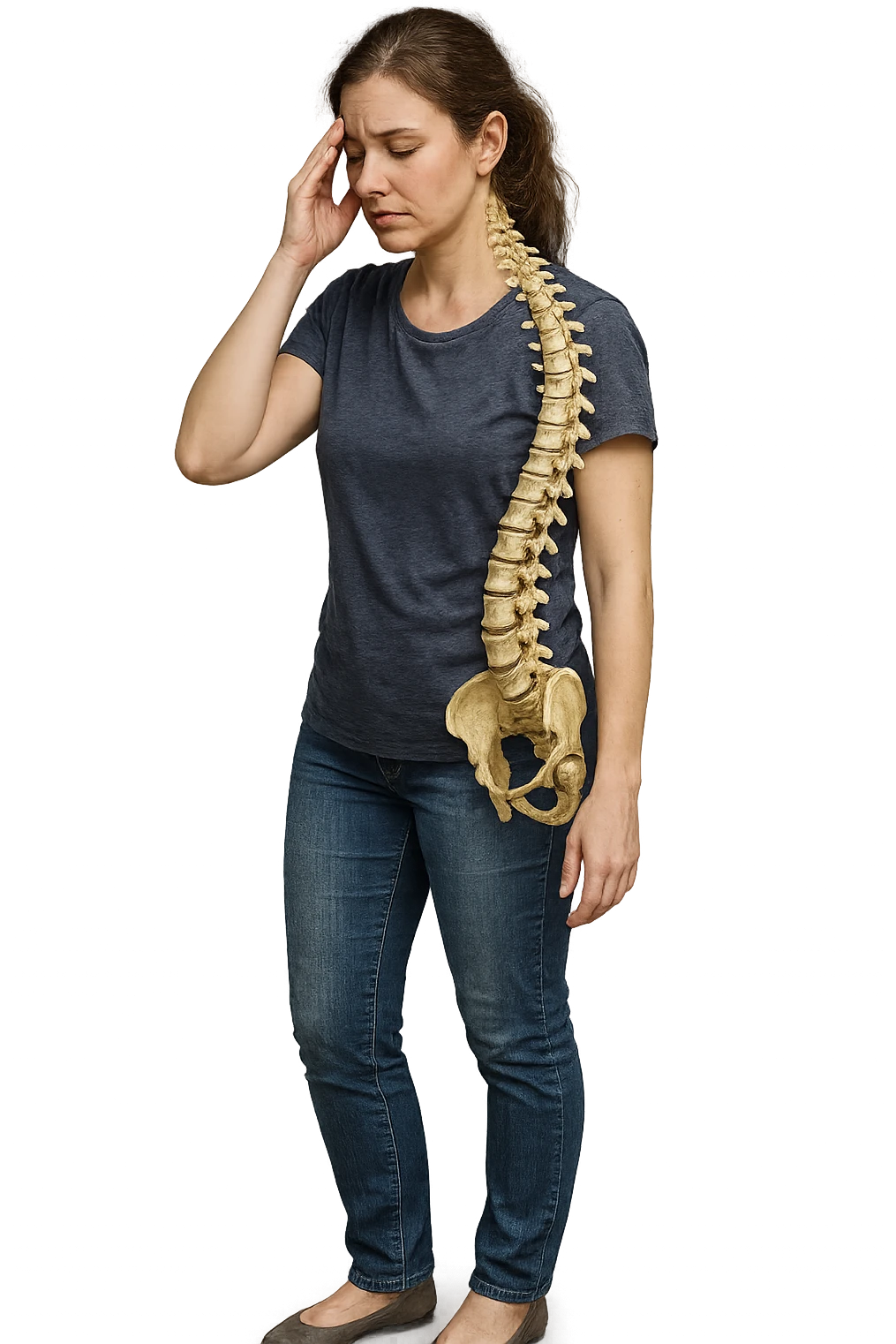 donna stanca a figura intera che si tiene una mano sulla tempia con spina dorsale anatomica visibile, iperrealistico 4k emoji