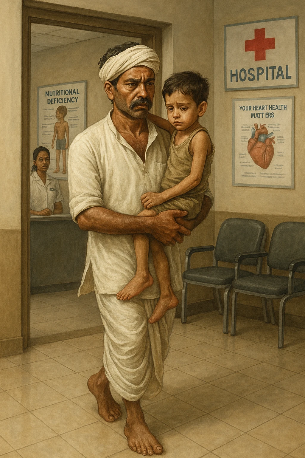 An Indian farmer in a white dhoti, carrying his 4-year-old child, entering a hospital for a checkup because of nutrient deficiency, worried look, hospital setting, detailed art emoji