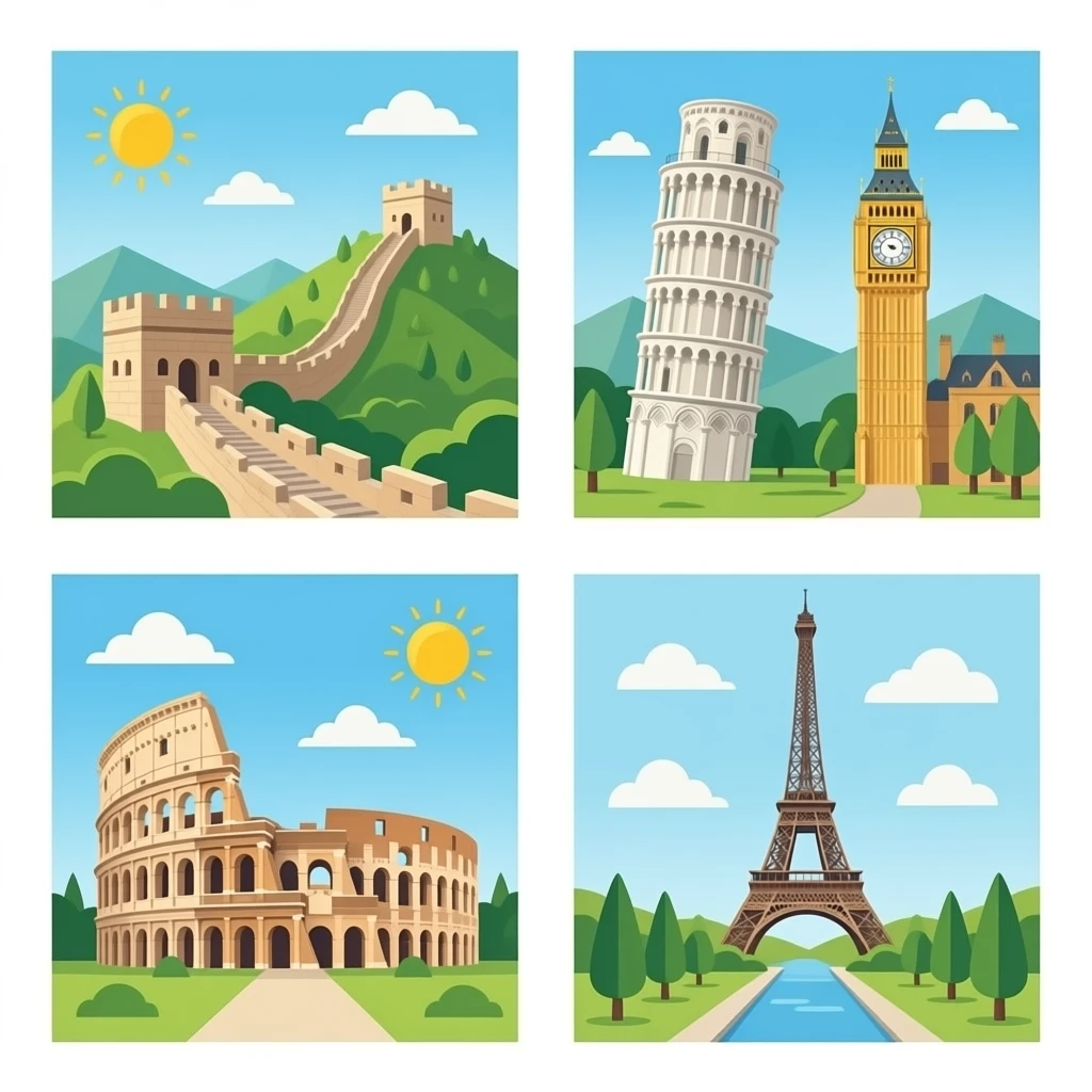 The Great Wall of china, leaning tower of Pisa, Big Ben, sad, colosseum, and Eiffel Tower emoji