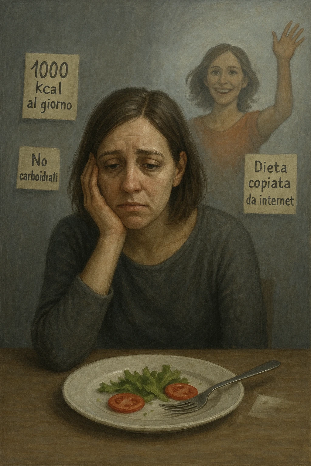 Donna tra i 30 e i 40 anni seduta a tavola, davanti a un piatto quasi vuoto con solo insalata e due fette di pomodoro. Il suo volto è visibilmente triste, stanco, con occhi spenti. Intorno a lei, foglietti attaccati con scritte come '1000 kcal al giorno', 'No carboidrati', 'Dieta copiata da internet'. L’atmosfera è fredda, grigia, priva di energia. Il suo corpo appare spento e scarico. Sullo sfondo, la sagoma di sé stessa più felice e piena di vitalità, come ricordo di un approccio migliore mai seguito. Stile realistico e simbolico emoji