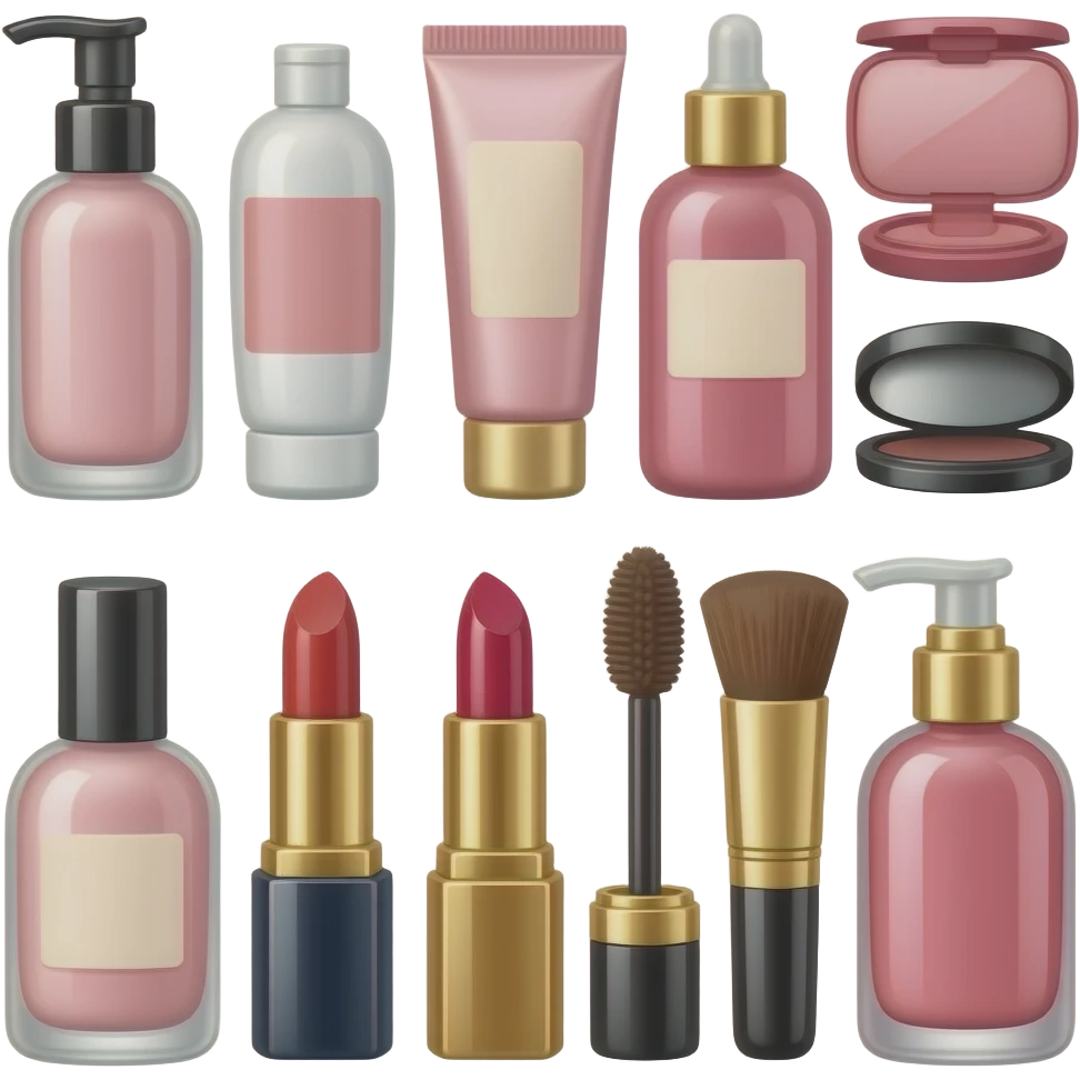 beauty products, skincare bottles, makeup, lipstick, cosmetics, feminine shopping items emoji