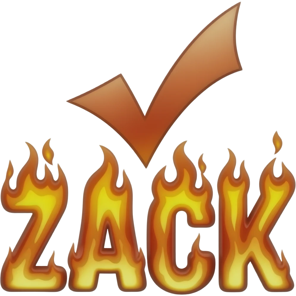 The name ZACK is spelled out in a fire symbol with a checkmark above it. emoji