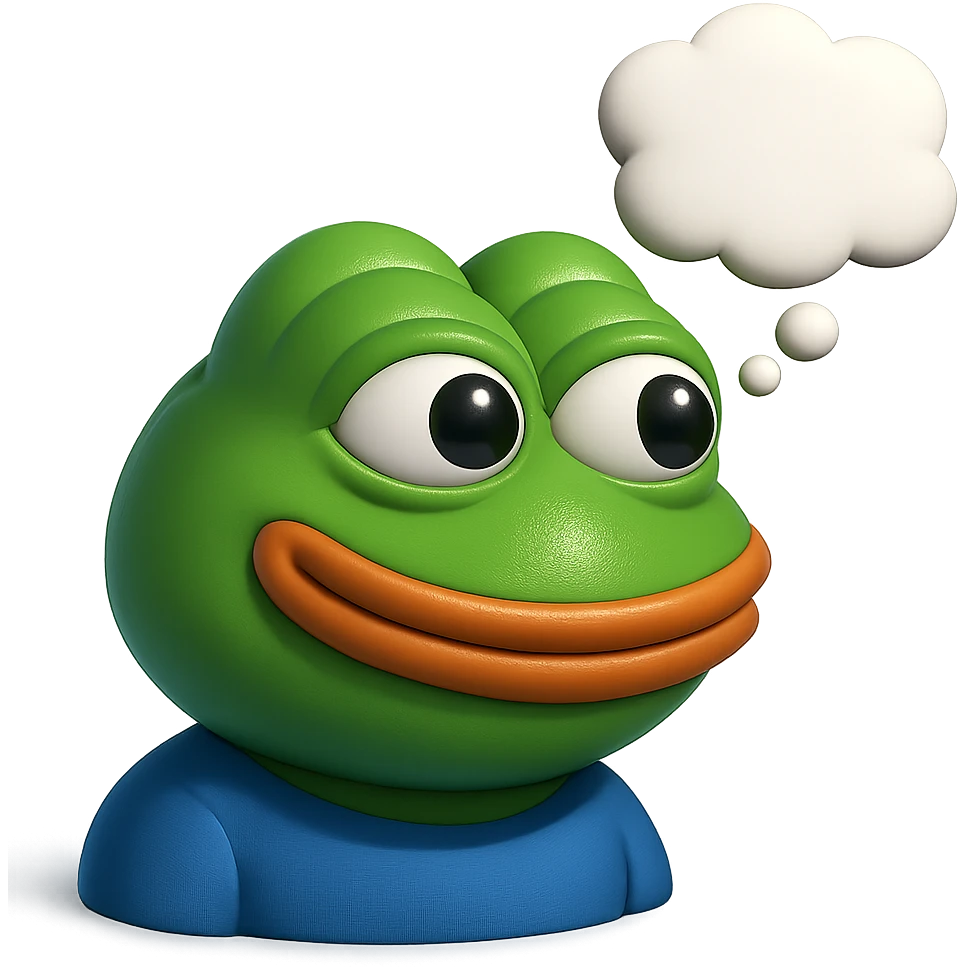 make a pepe in bright green smiling with thought bubble looking at right side in 3d style, good highlights and shadows, drop shadows emoji