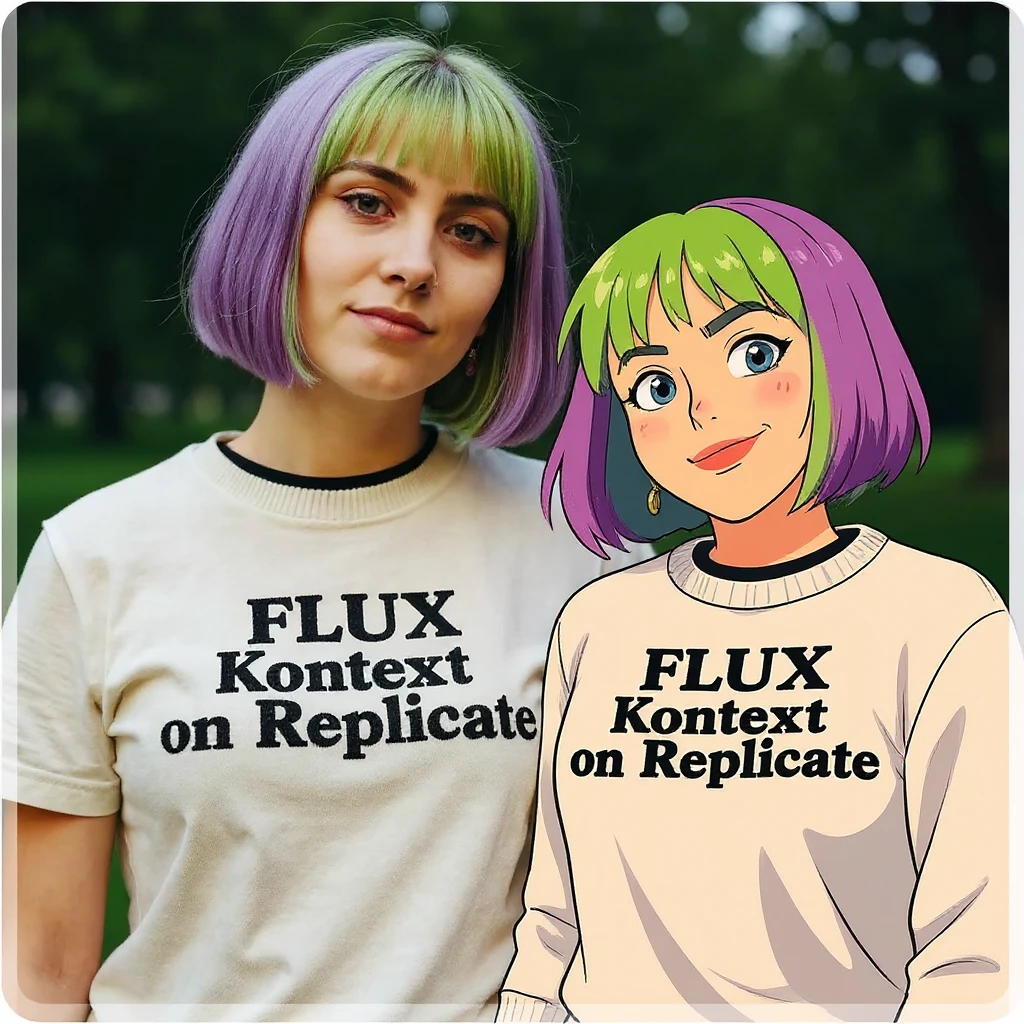 make a image of a girl with a anime version of that girl beside her wearing tshirt with text of just "FLUX Kontext" nothing else emoji
