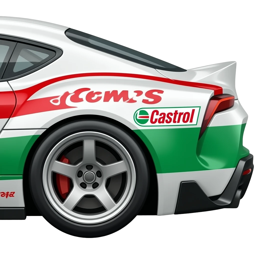 Toyota supra race car, toms supra, castrol, White, red, green, replica of original race livery ,side rear view chase angle emoji
