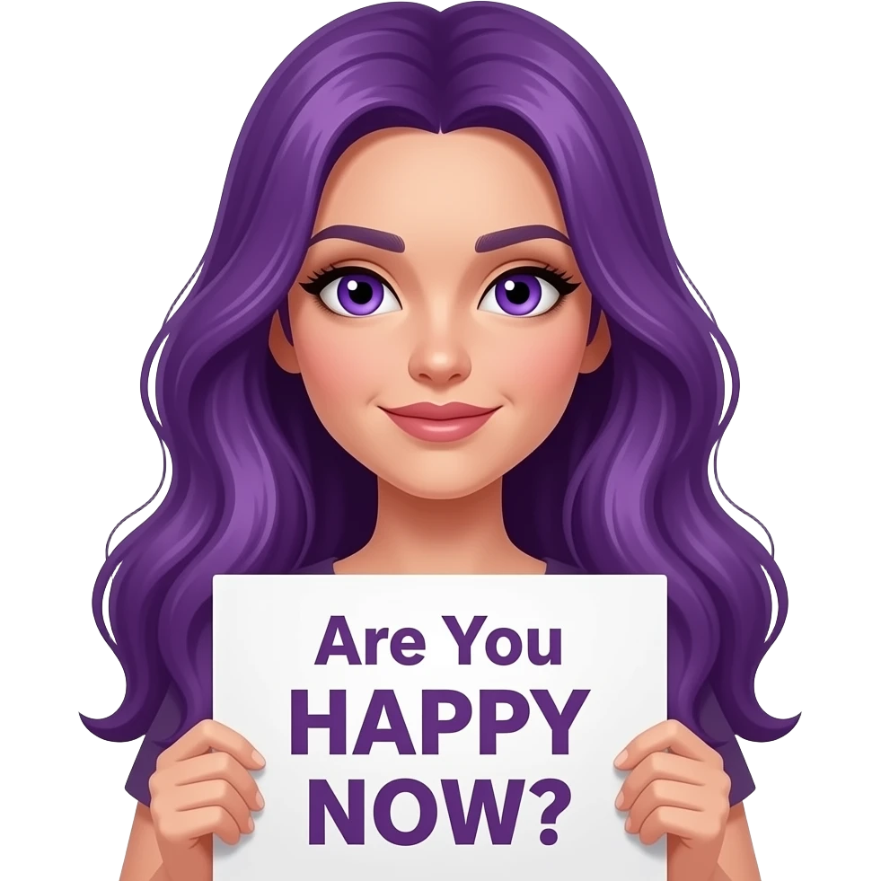 sexy girl with long purple hair and purple eyes holding Are You HAPPY NOW? sign emoji