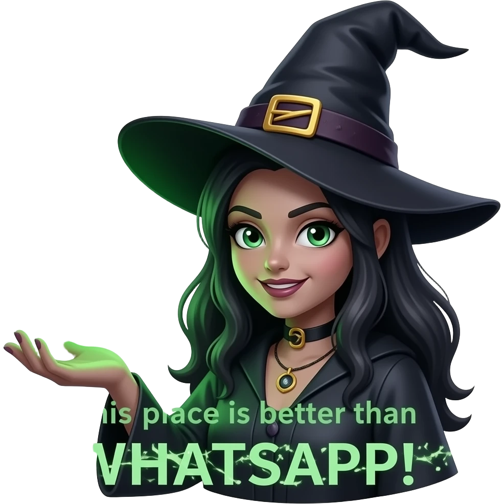 A dark sorcerer’s evil girl witch, hand holding a WhatsApp logo burning with green magical flames. Text over: 'This place is better than WHATSAPP!'. Cinematic lighting, high-contrast emoji emoji